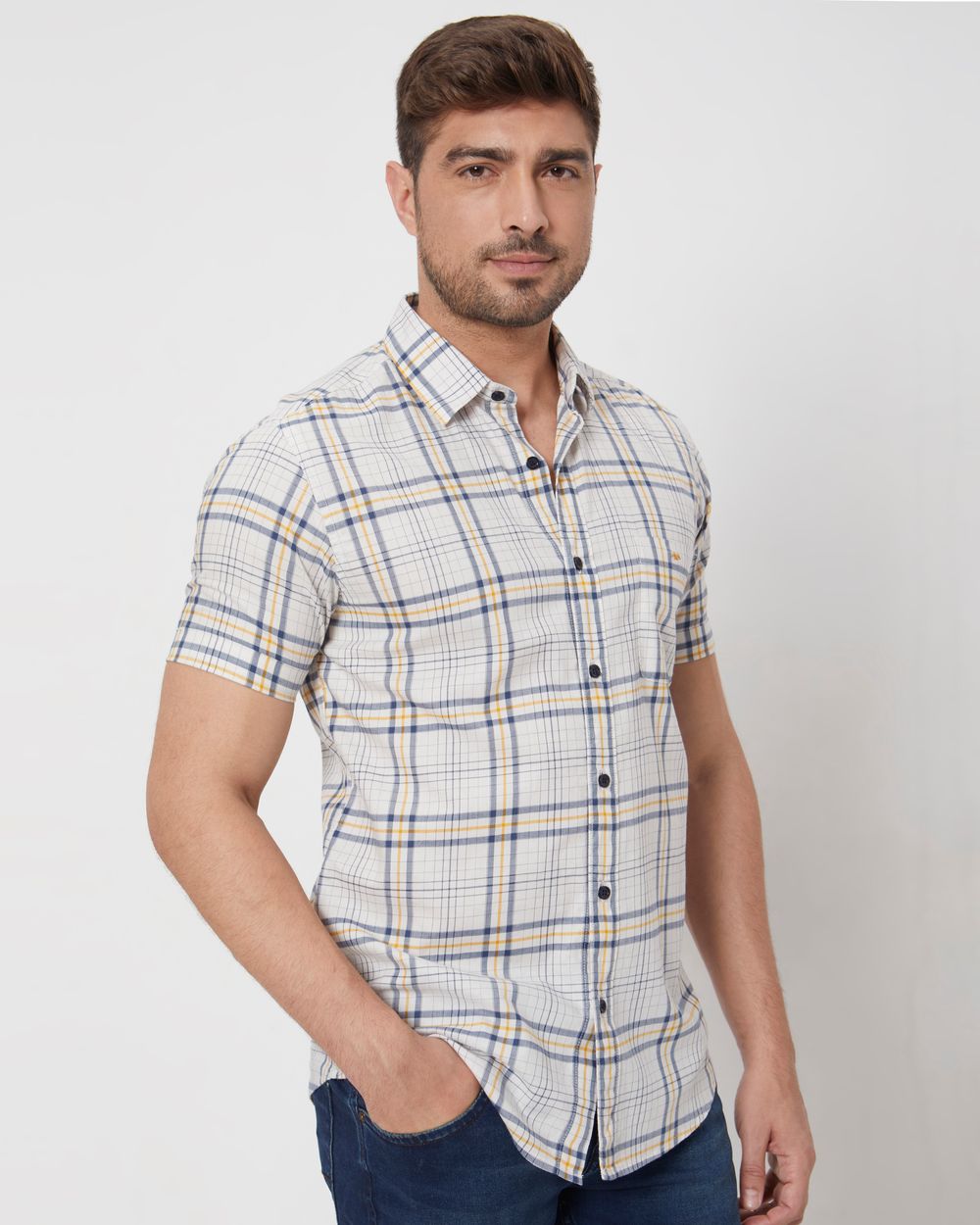 Beige Large Check Slim Fit Casual Shirt