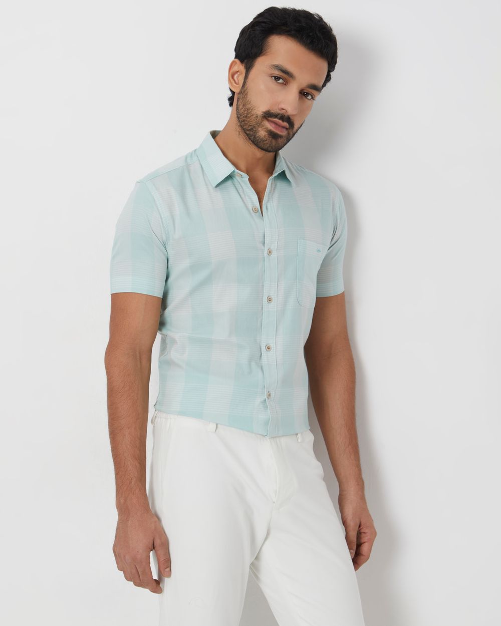 Light Green Tonal Check Slim Fit Casual Shirt