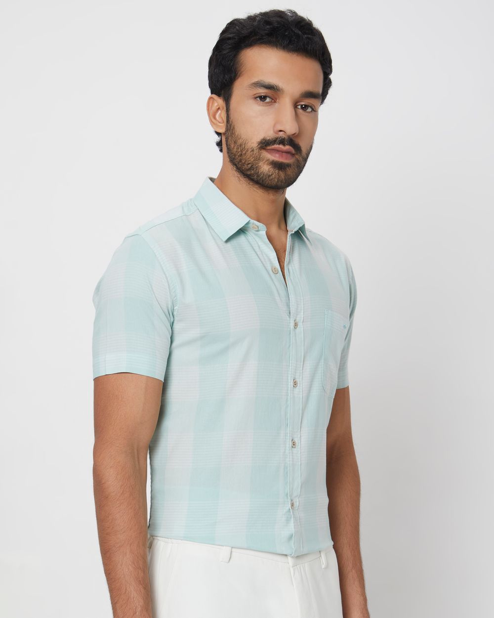 Light Green Tonal Check Slim Fit Casual Shirt