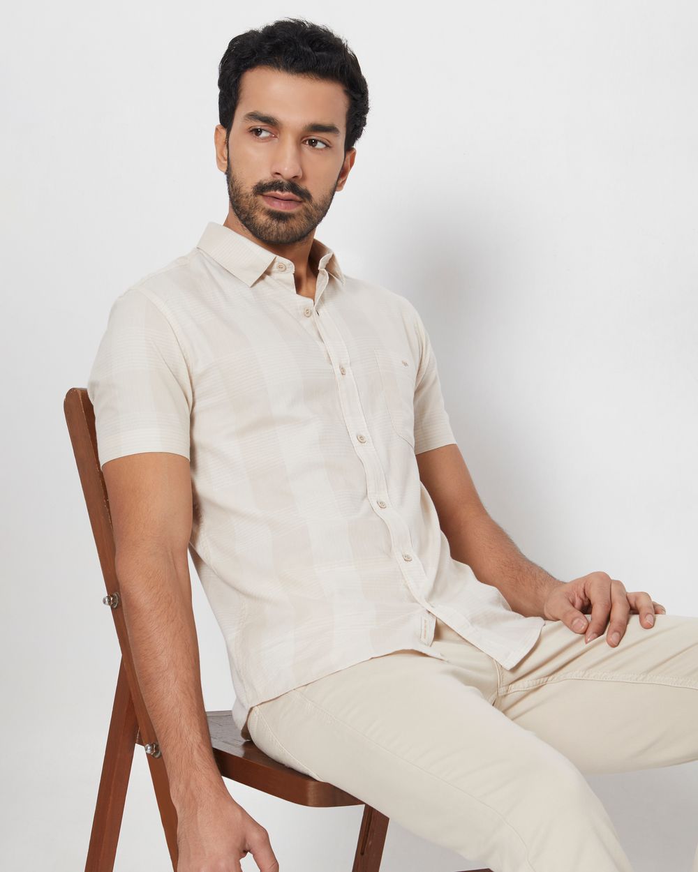Beige Tonal Check Slim Fit Casual Shirt