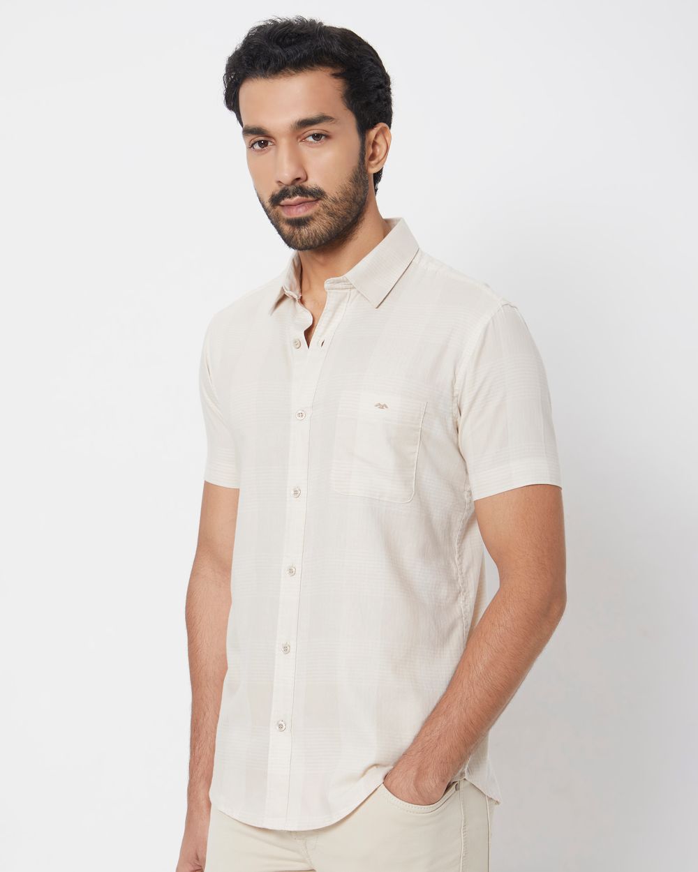 Beige Tonal Check Slim Fit Casual Shirt