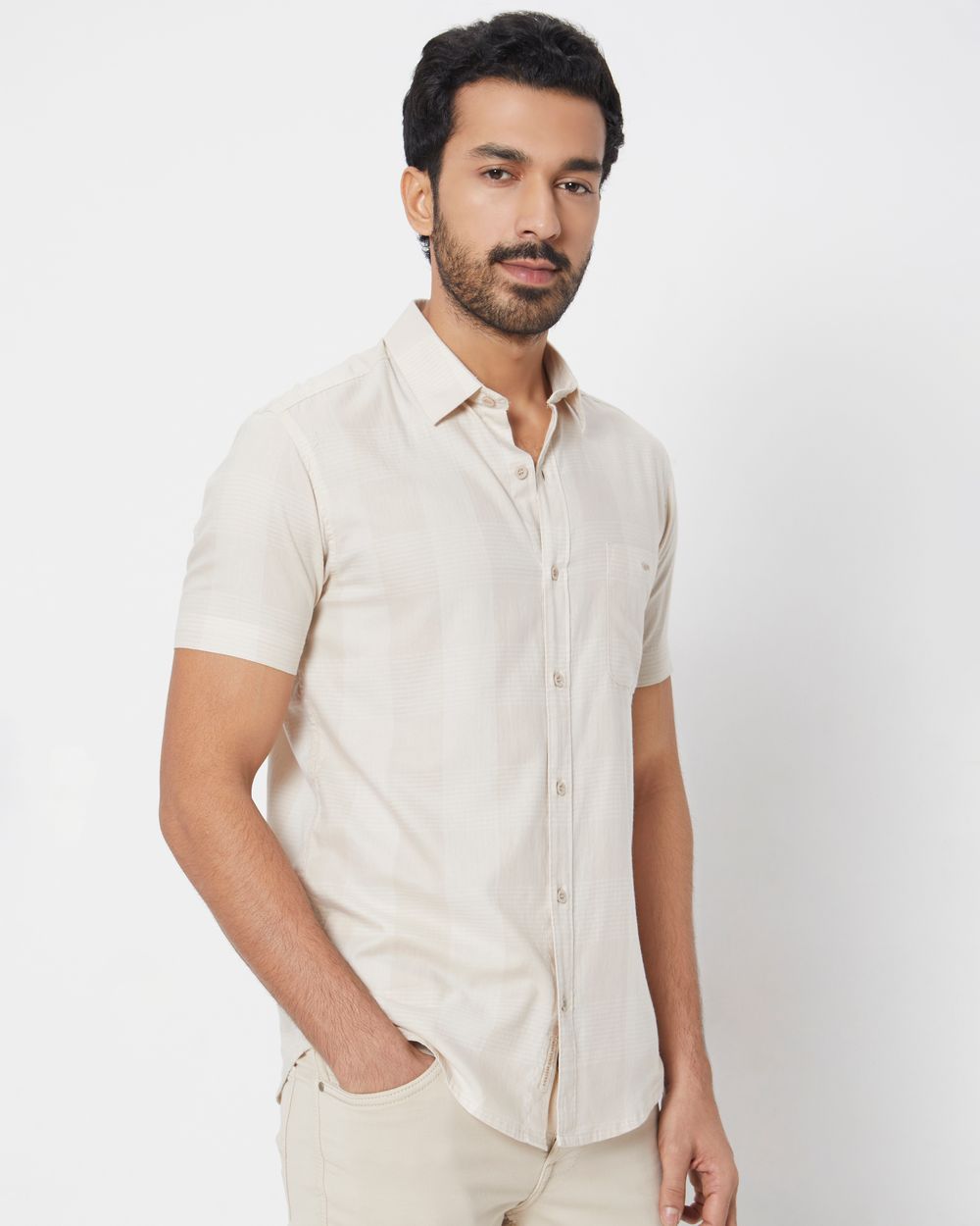 Beige Tonal Check Slim Fit Casual Shirt