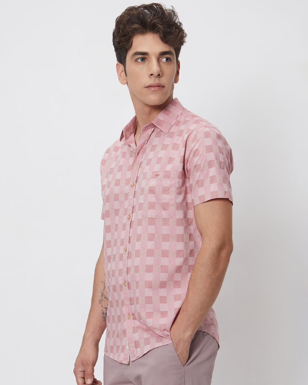 Pink Tonal Check Slim Fit Casual Shirt