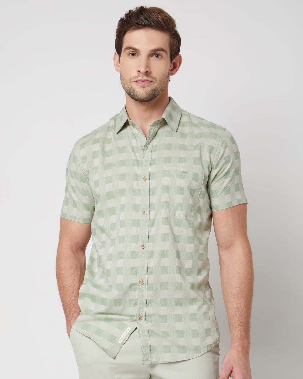Light Olive Square Check Slim Fit Casual Shirt
