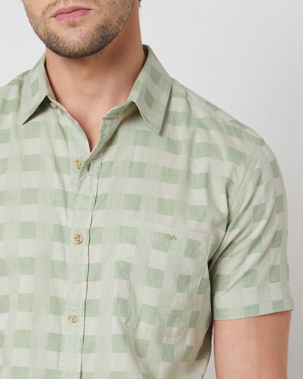 Light Olive Square Check Slim Fit Casual Shirt
