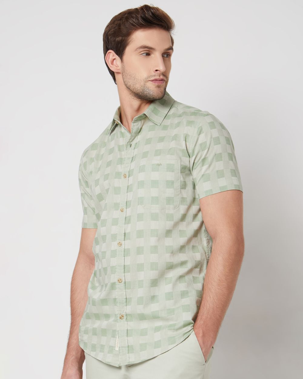 Light Olive Square Check Slim Fit Casual Shirt