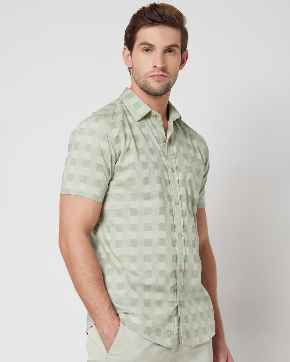 Light Olive Square Check Slim Fit Casual Shirt