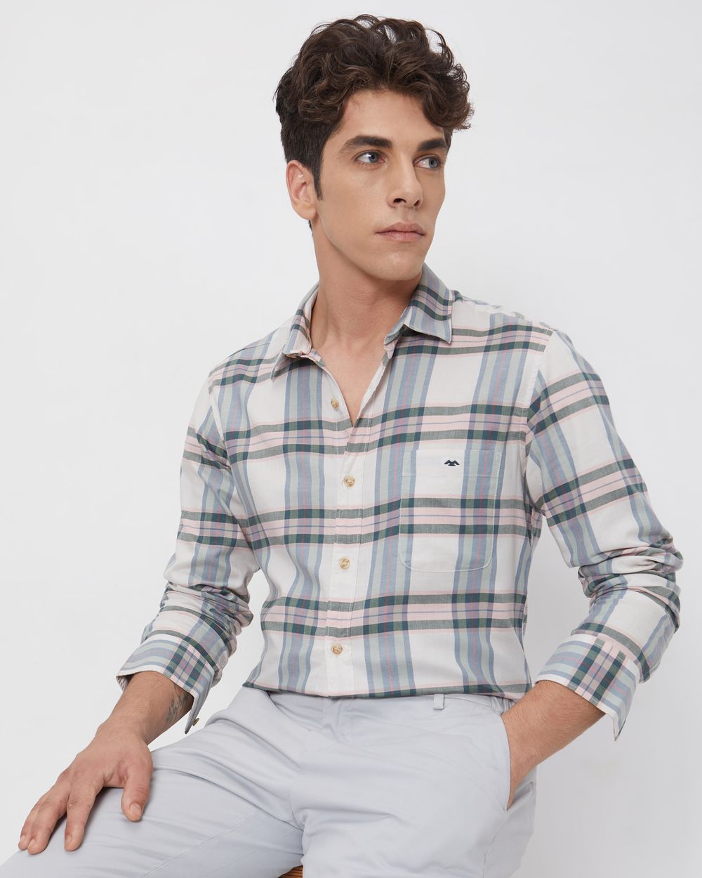 Beige Large Check Slim Fit Casual Shirt