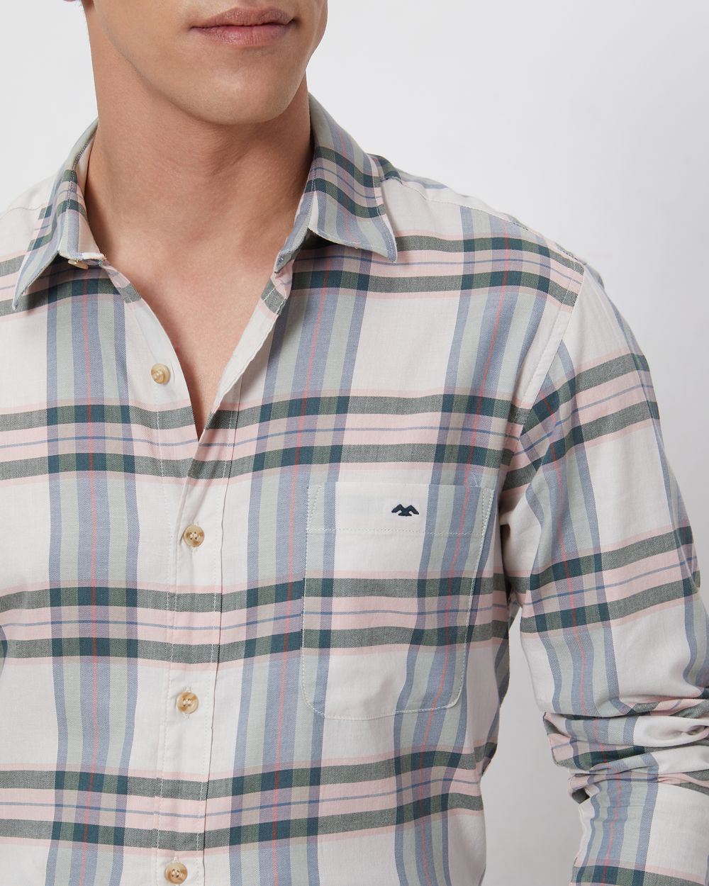 Beige Large Check Slim Fit Casual Shirt