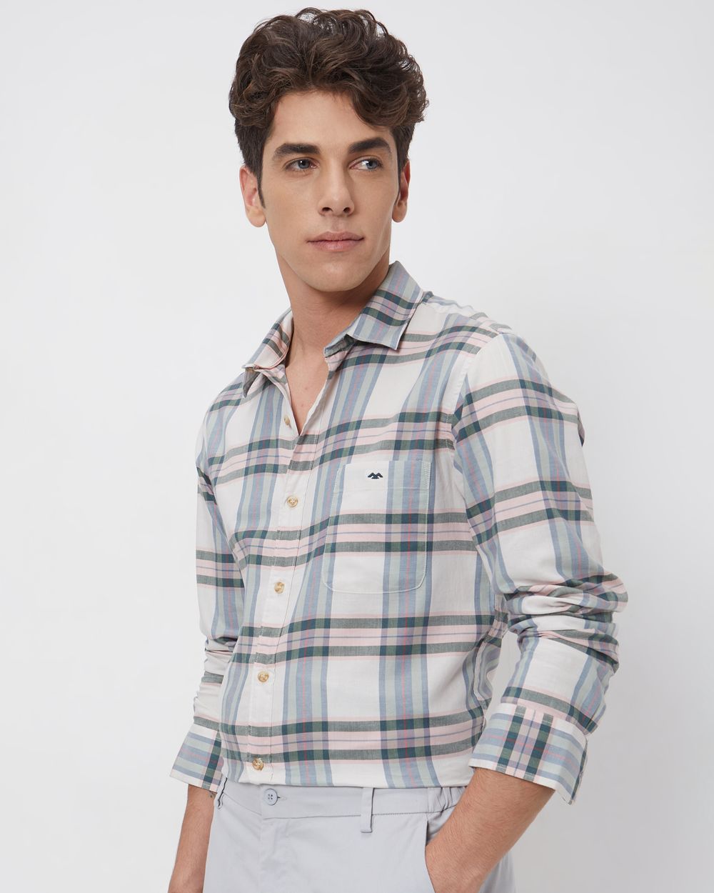 Beige Large Check Slim Fit Casual Shirt