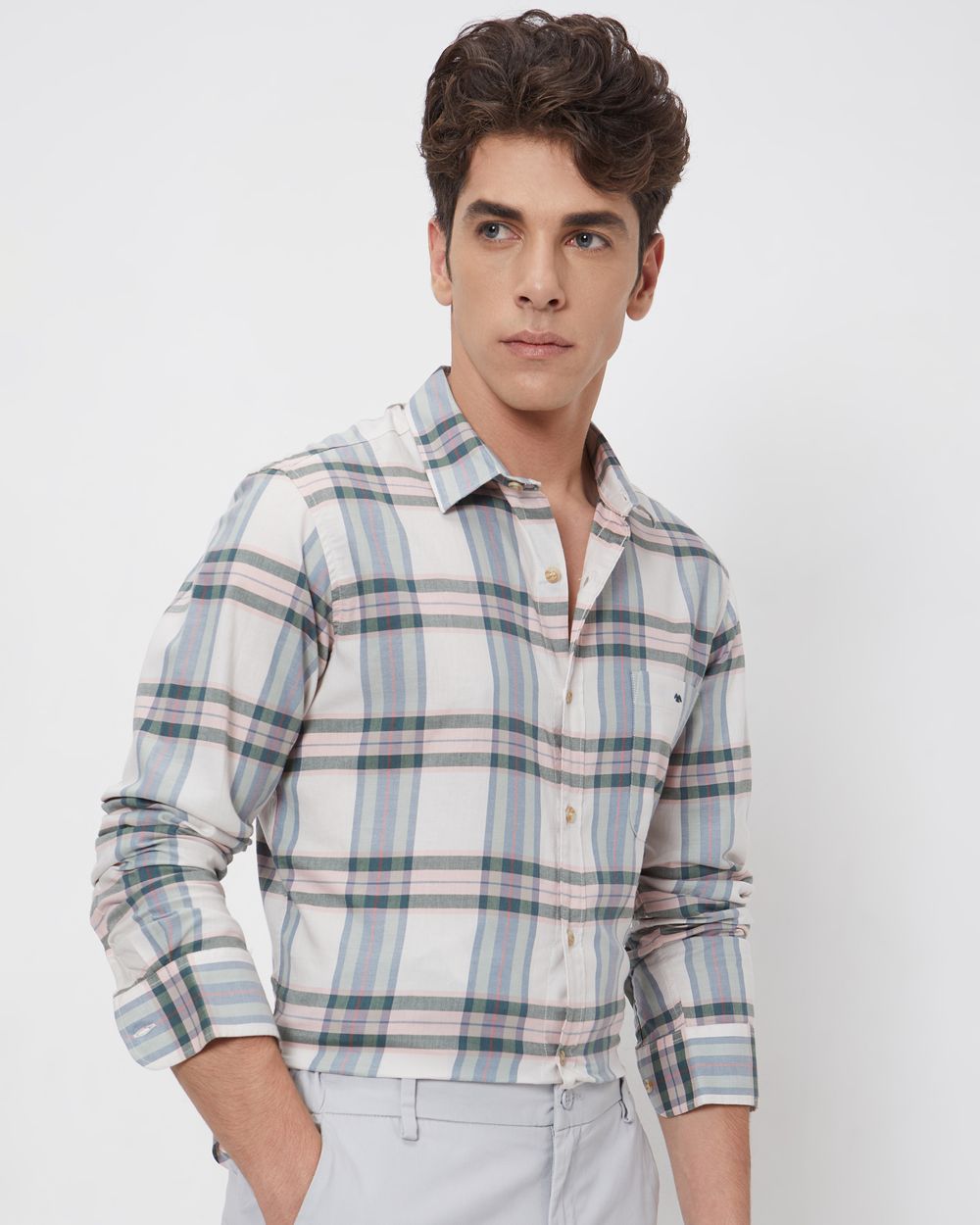 Beige Large Check Slim Fit Casual Shirt