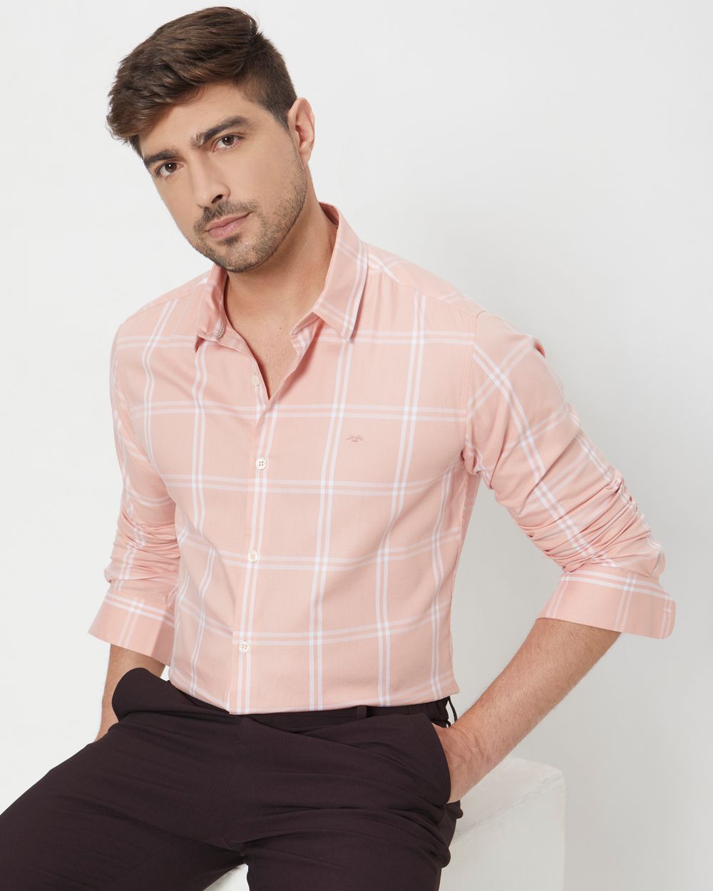 Pastel Pink & White Windowpane Check Slim Fit Casual Shirt