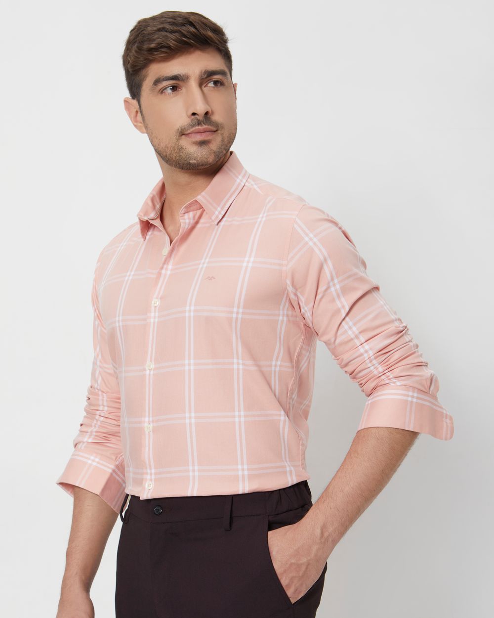 Pastel Pink & White Windowpane Check Slim Fit Casual Shirt