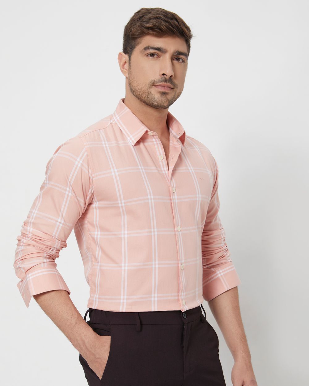 Pastel Pink & White Windowpane Check Slim Fit Casual Shirt
