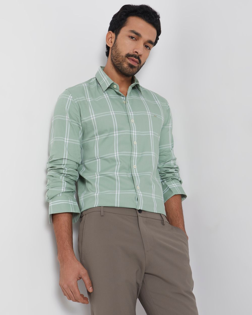 Light Olive & White Windowpane Check Slim Fit Casual Shirt