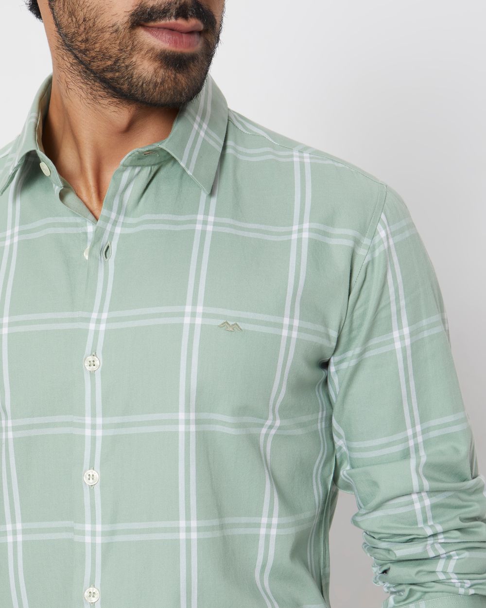 Light Olive & White Windowpane Check Slim Fit Casual Shirt