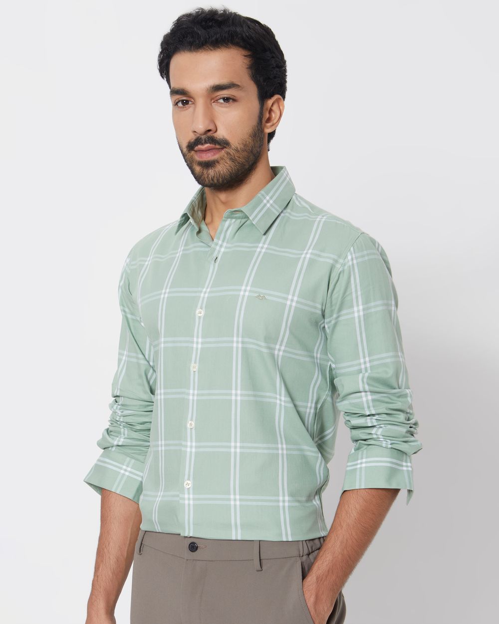 Light Olive & White Windowpane Check Slim Fit Casual Shirt