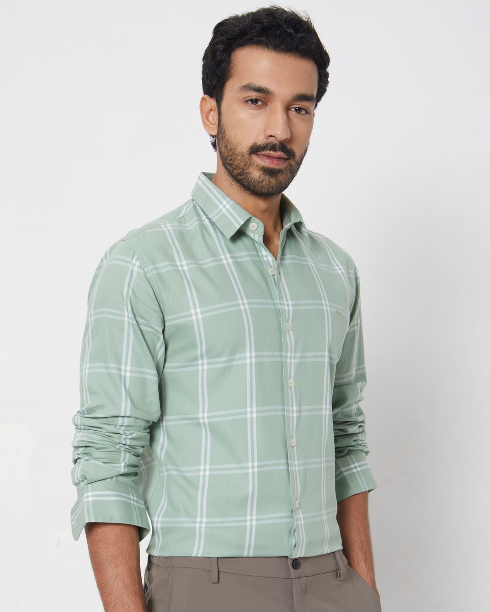 Light Olive & White Windowpane Check Slim Fit Casual Shirt