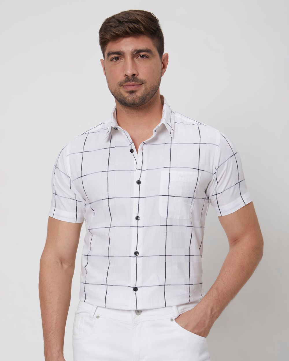 White Windowpane Check Slim Fit Casual Shirt