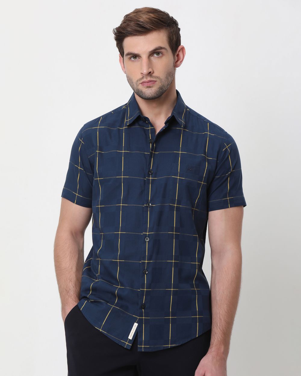 Navy Windowpane Check Slim Fit Casual Shirt