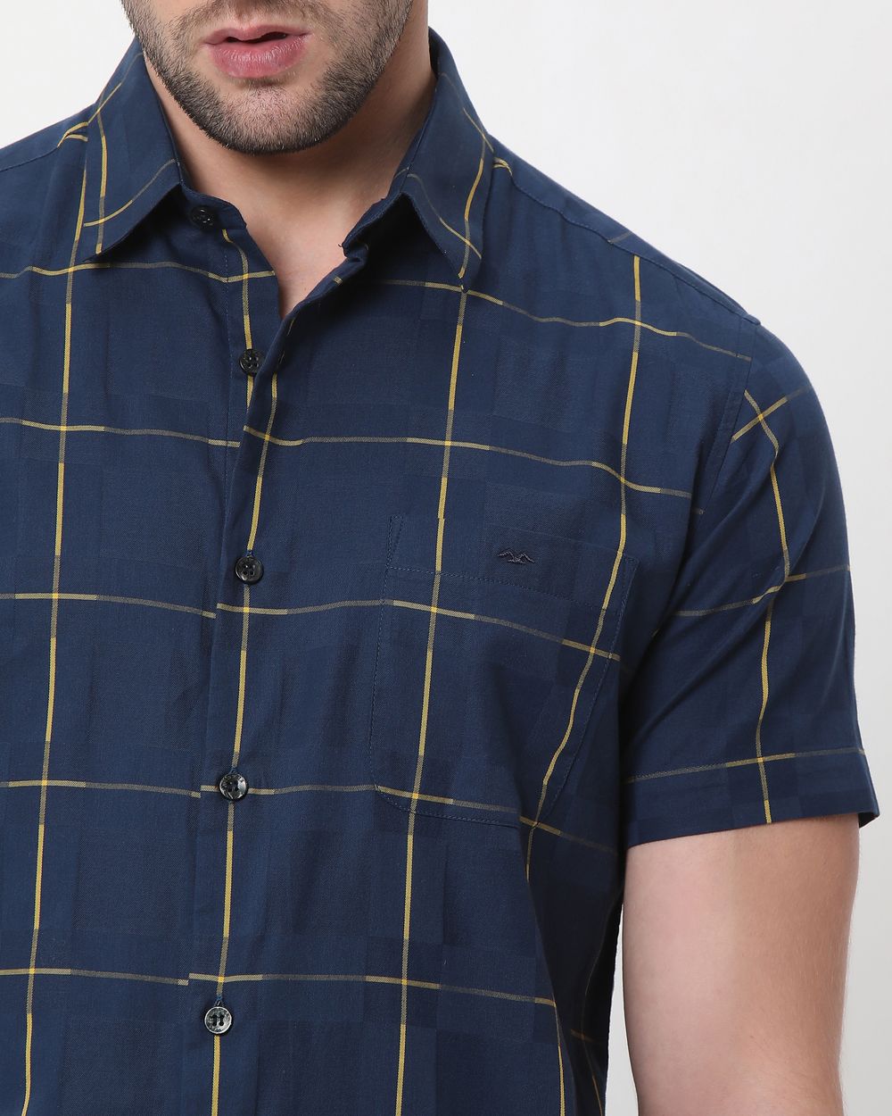 Navy Windowpane Check Slim Fit Casual Shirt