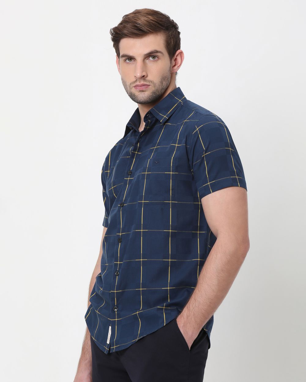 Navy Windowpane Check Slim Fit Casual Shirt
