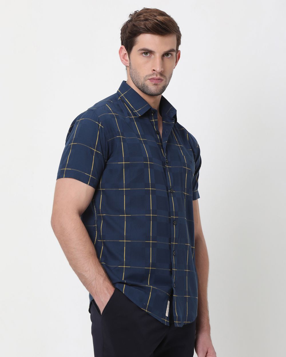 Navy Windowpane Check Slim Fit Casual Shirt