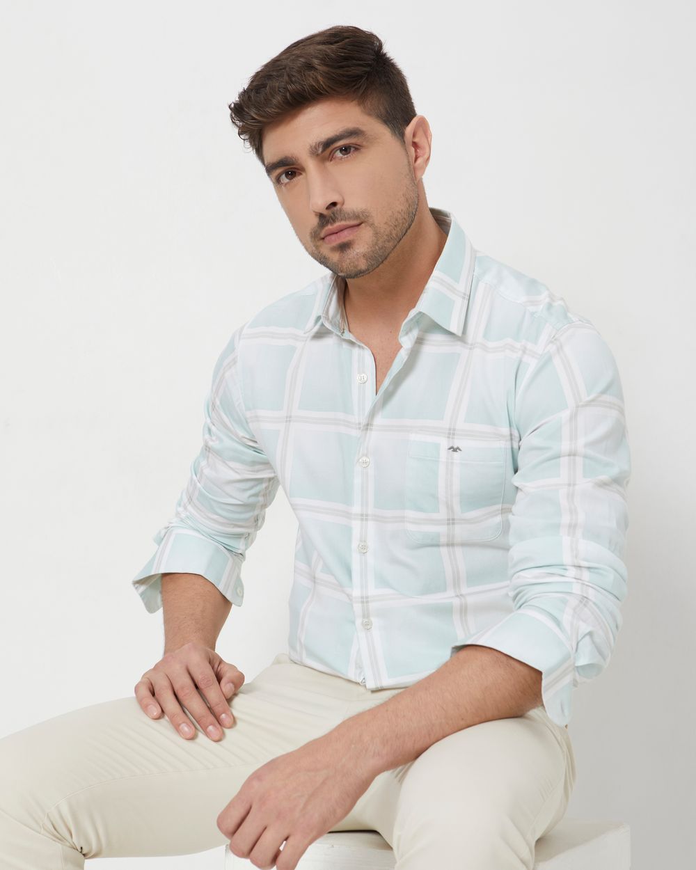 Light Green & White Printed Check Slim Fit Casual Shirt