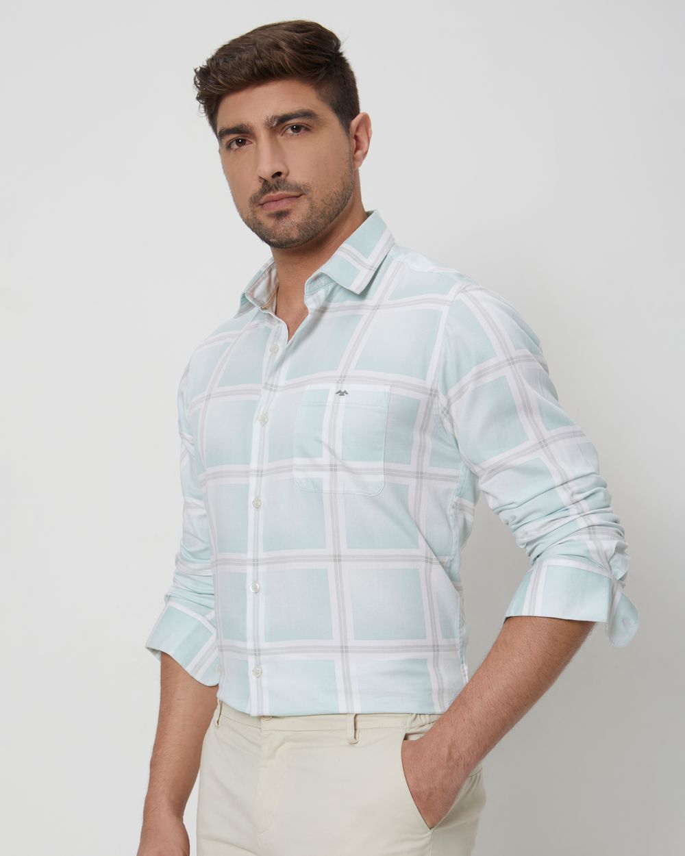 Light Green & White Printed Check Slim Fit Casual Shirt
