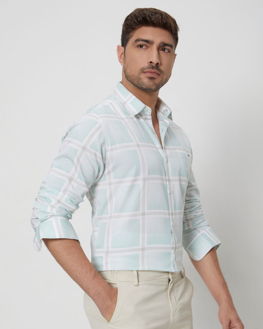 Light Green & White Printed Check Slim Fit Casual Shirt