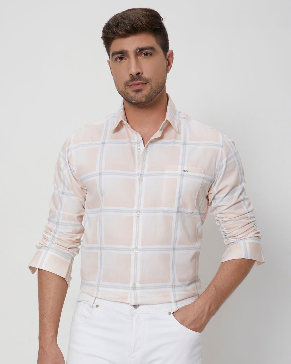 Peach & White Printed Check Slim Fit Casual Shirt