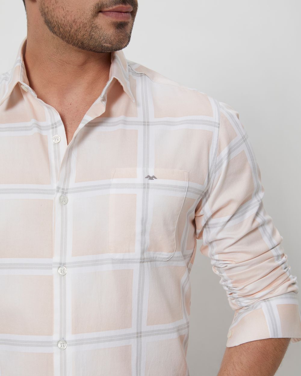Peach & White Printed Check Slim Fit Casual Shirt
