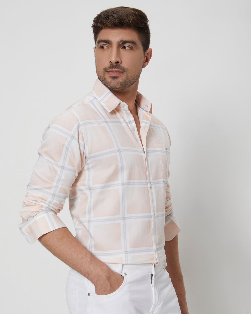 Peach & White Printed Check Slim Fit Casual Shirt
