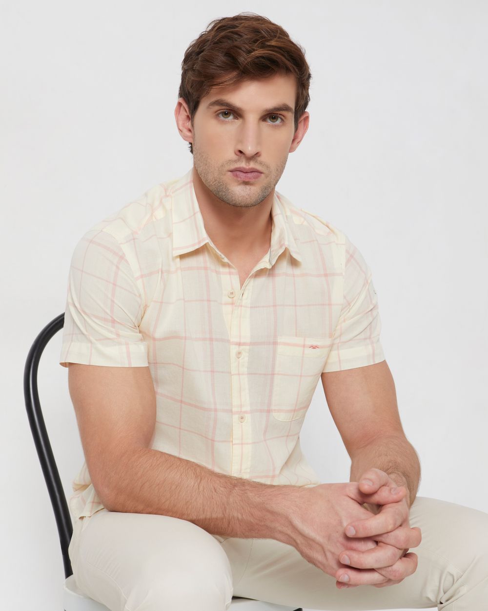 Pink Windowpane Check Slim Fit Casual Shirt