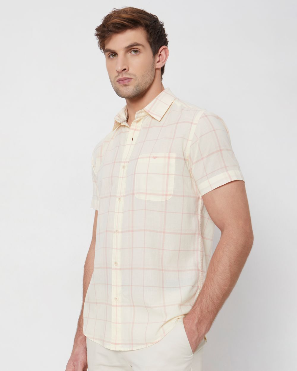 Pink Windowpane Check Slim Fit Casual Shirt