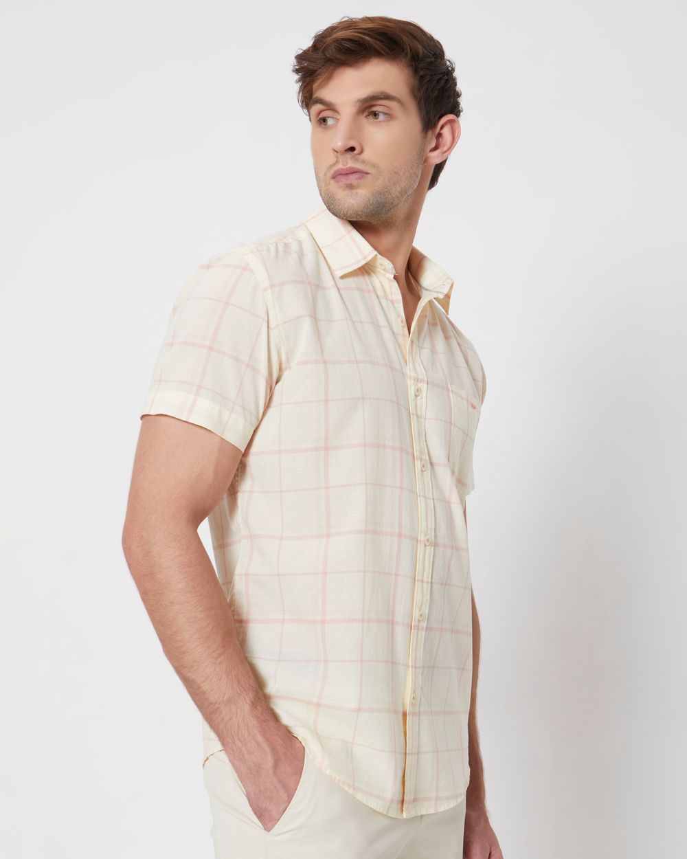 Pink Windowpane Check Slim Fit Casual Shirt