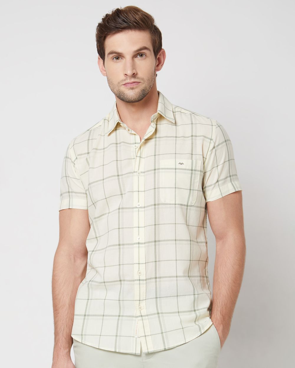 Light Green Windowpane Check Slim Fit Casual Shirt