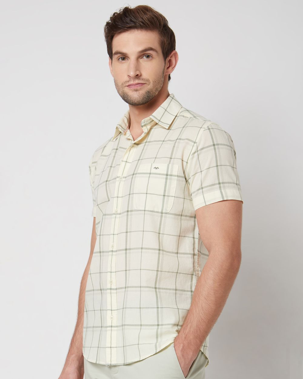 Light Green Windowpane Check Slim Fit Casual Shirt