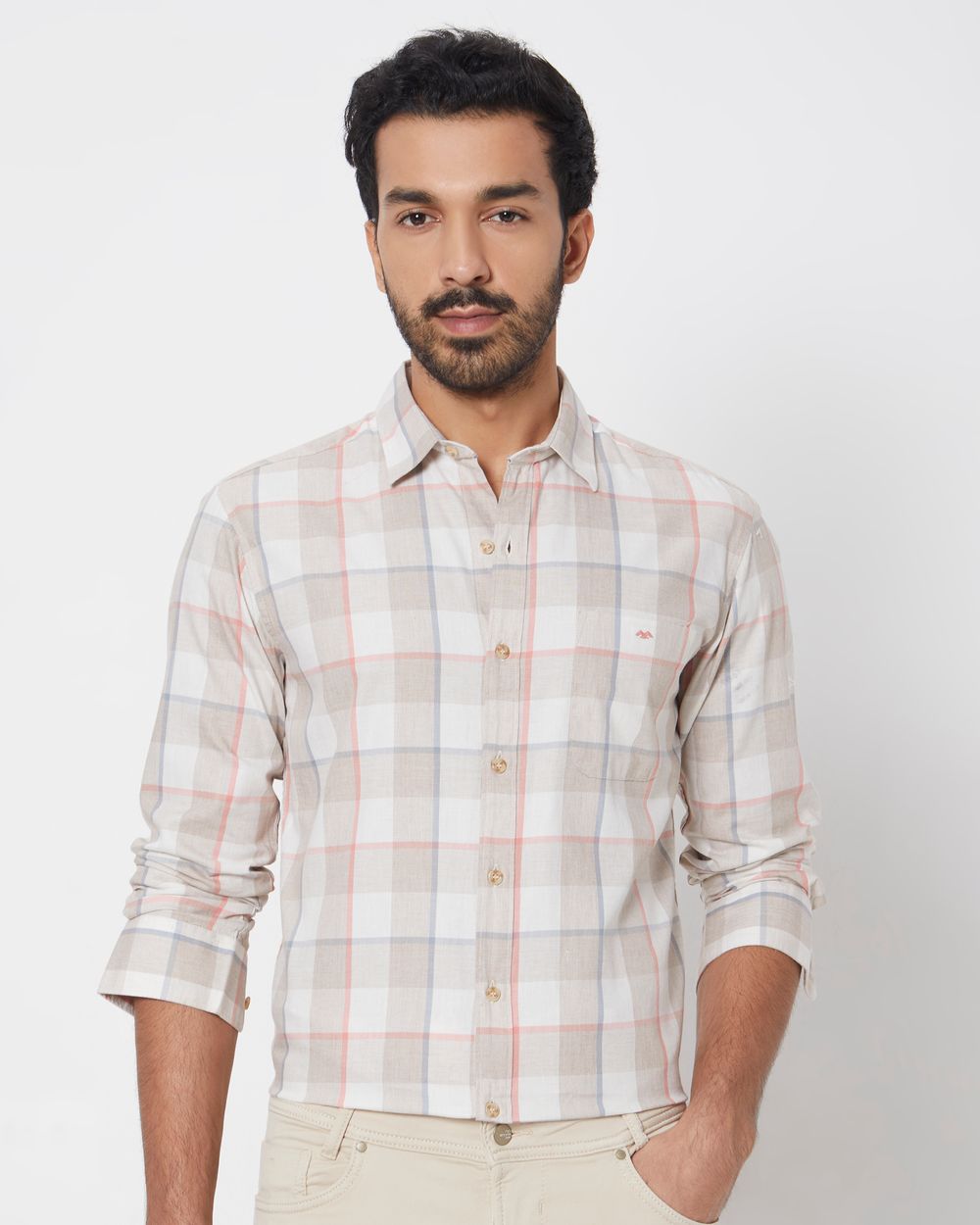 Light Khaki Large Check Slim Fit Casual Shirt