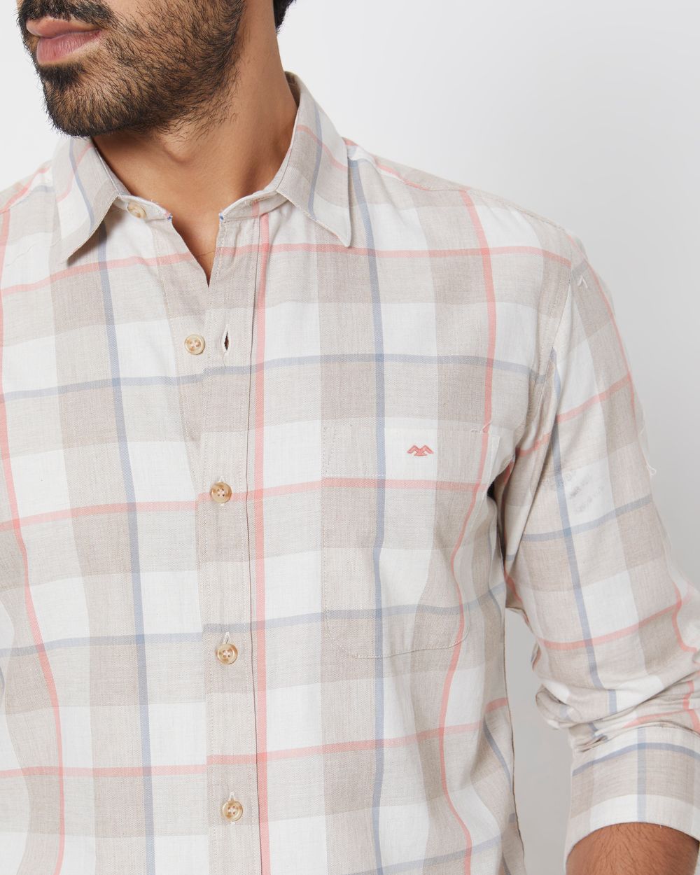 Light Khaki Large Check Slim Fit Casual Shirt