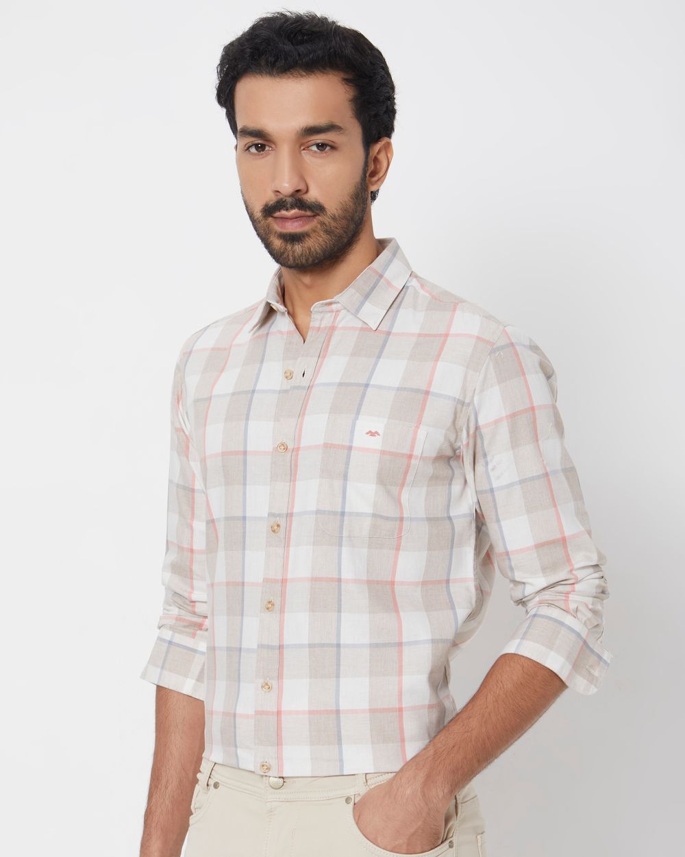 Light Khaki Large Check Slim Fit Casual Shirt