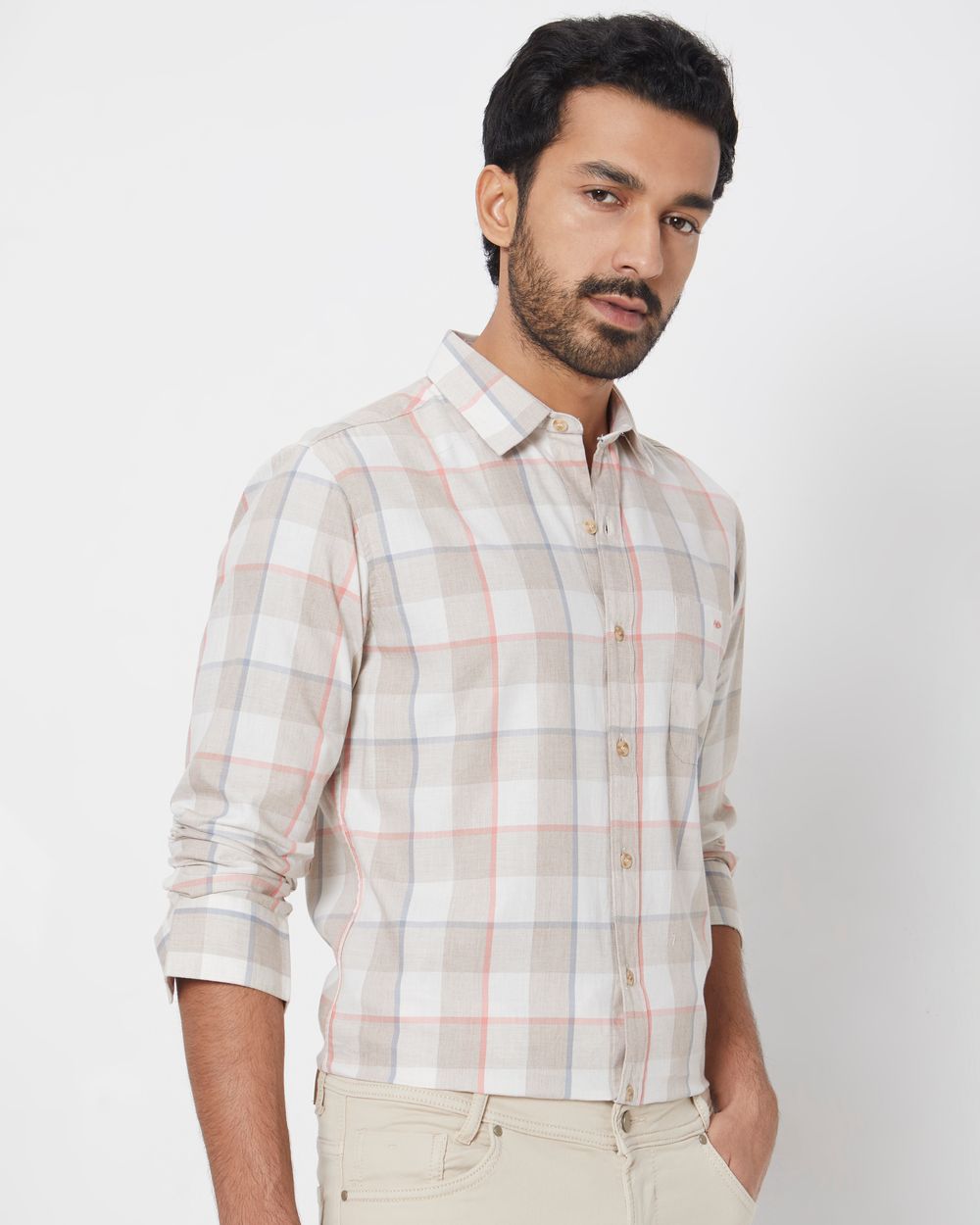 Light Khaki Large Check Slim Fit Casual Shirt