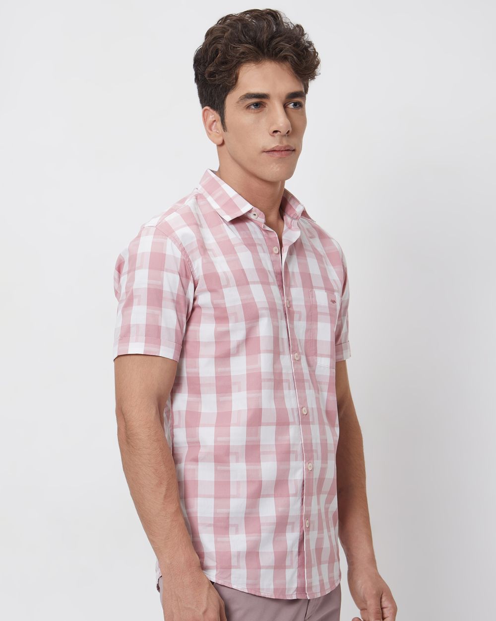 Pink Textured Check Slim Fit Casual Shirt