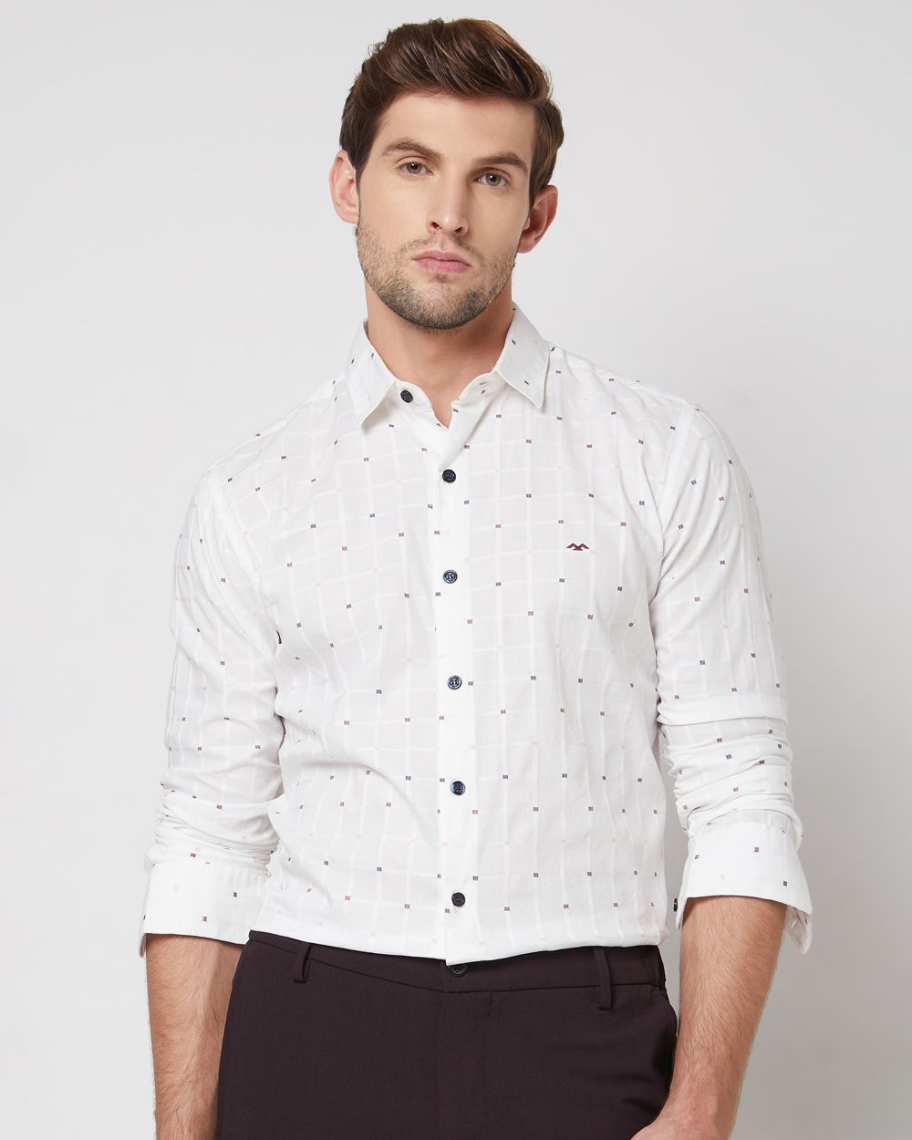 White Textured Check Slim Fit Casual Shirt