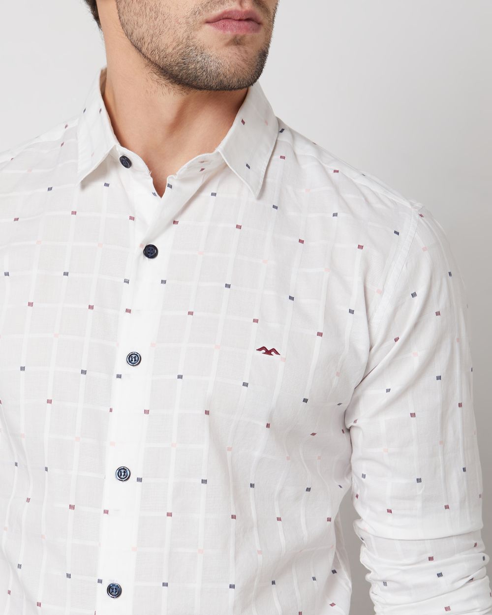 White Textured Check Slim Fit Casual Shirt