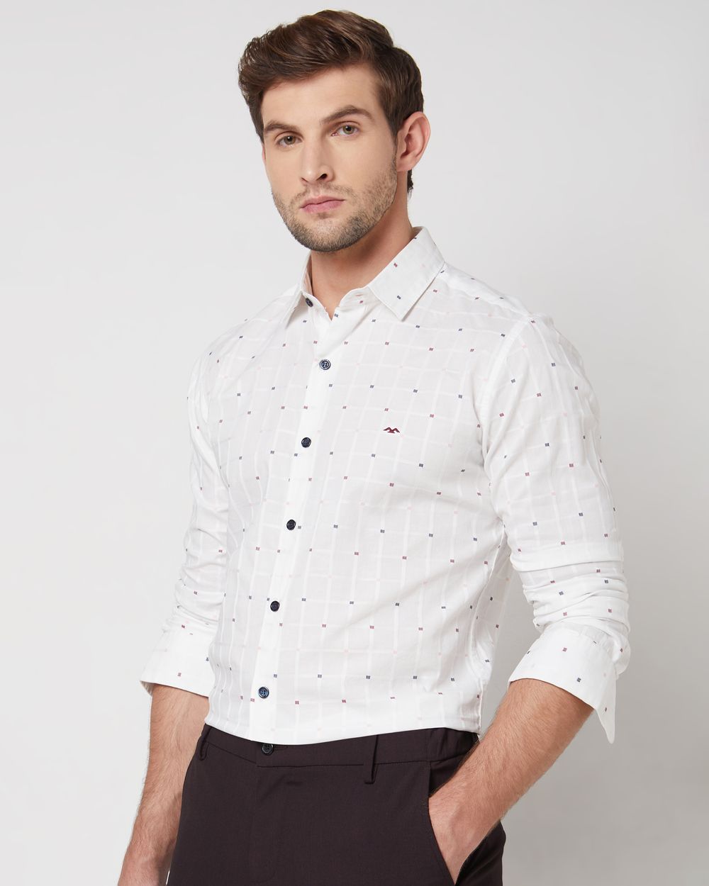 White Textured Check Slim Fit Casual Shirt