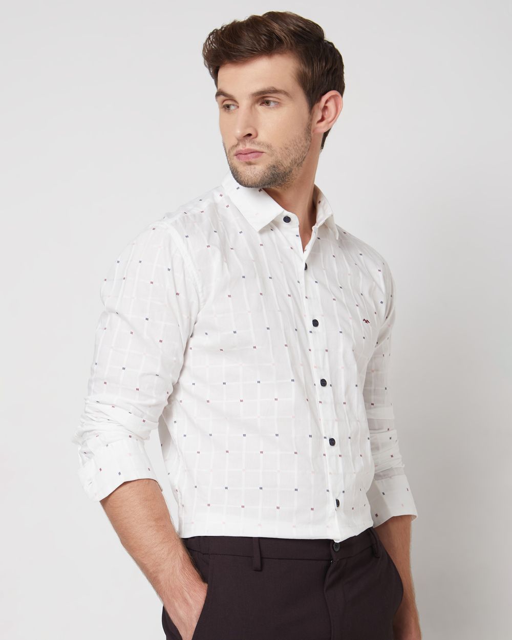 White Textured Check Slim Fit Casual Shirt