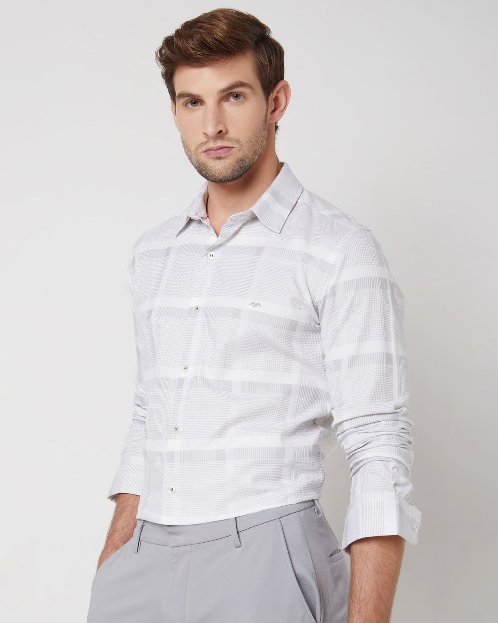Light Grey Tonal Check Slim Fit Casual Shirt