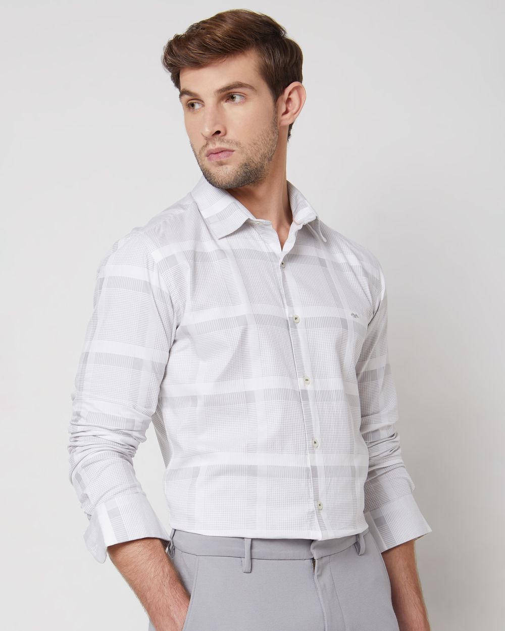 Light Grey Tonal Check Slim Fit Casual Shirt