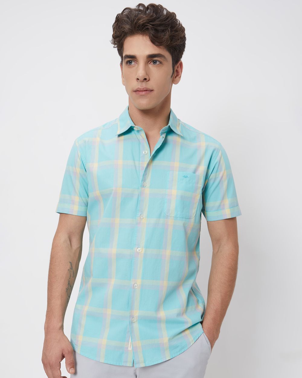 Turquoise Large Check Slim Fit Casual Shirt